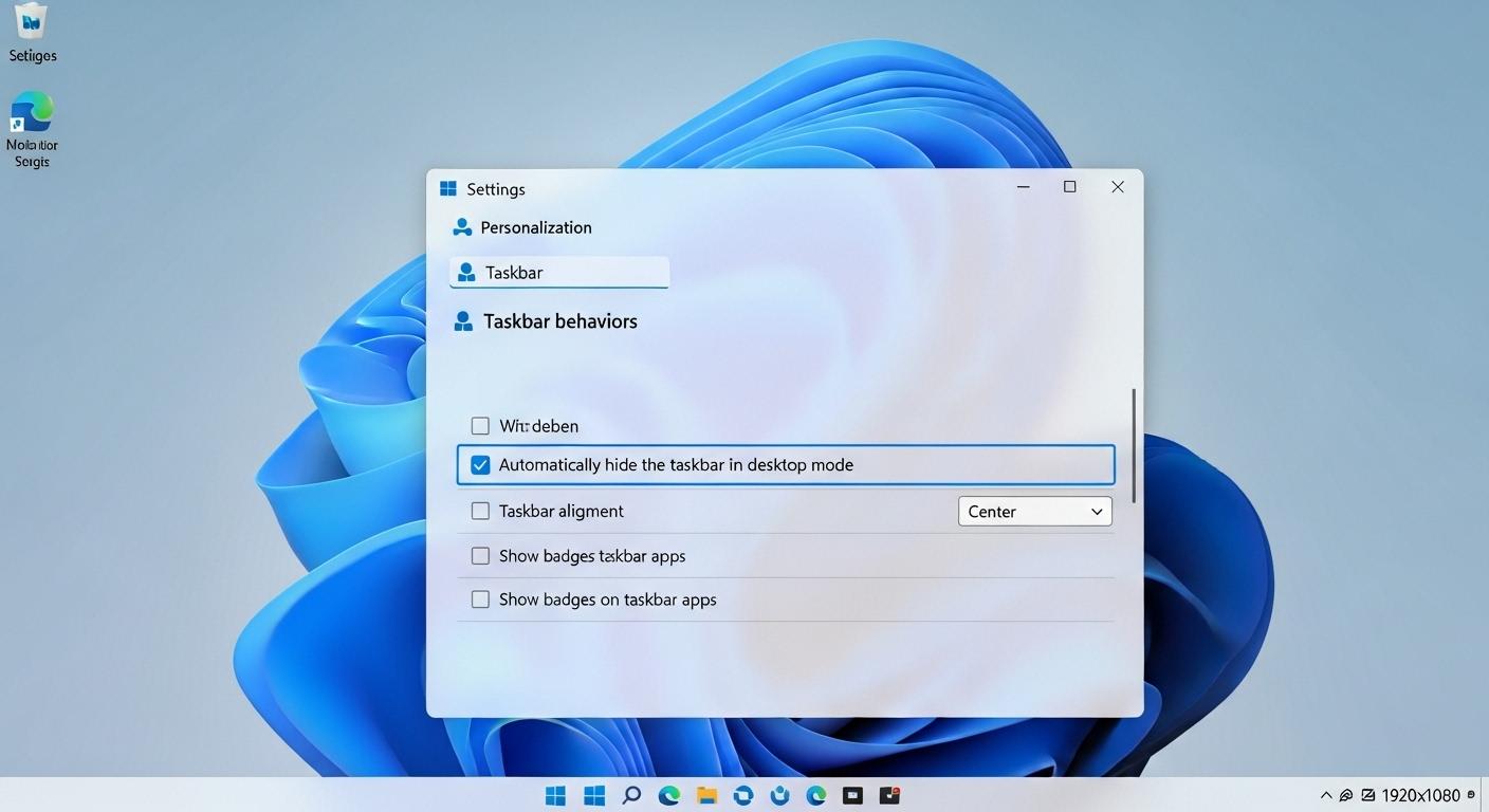Windows 11のタスクバー設定で「タスクバーを自動的に非表示にする」にチェックが入っている様子。
