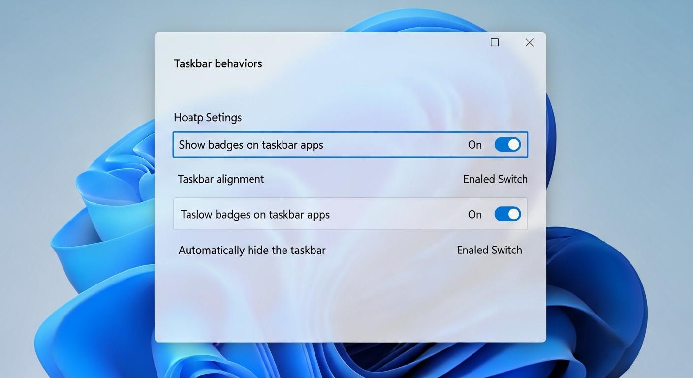 Windows 11のタスクバー設定でアプリのバッジ表示をオンにしている様子。