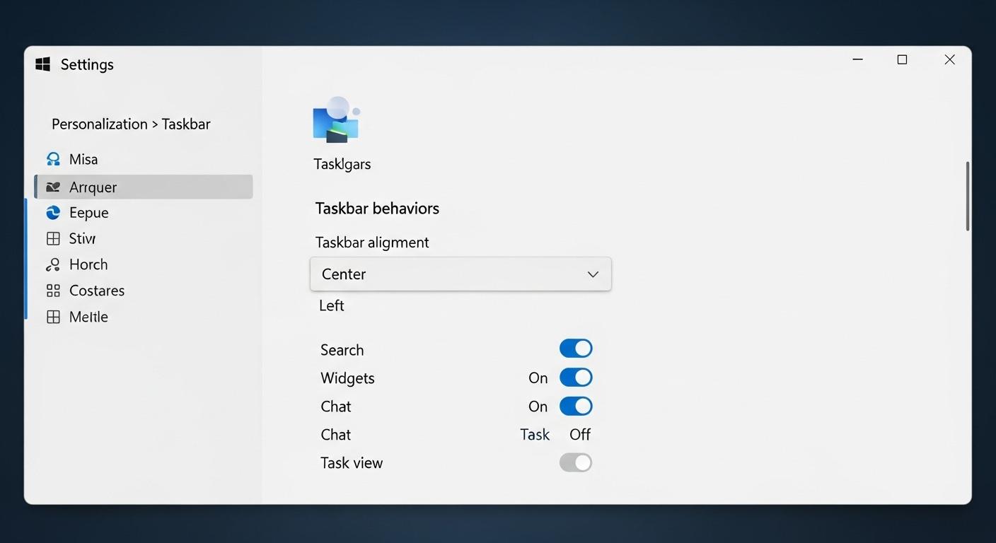 Windows 11の設定画面でタスクバーの配置と表示項目をカスタマイズしている様子。