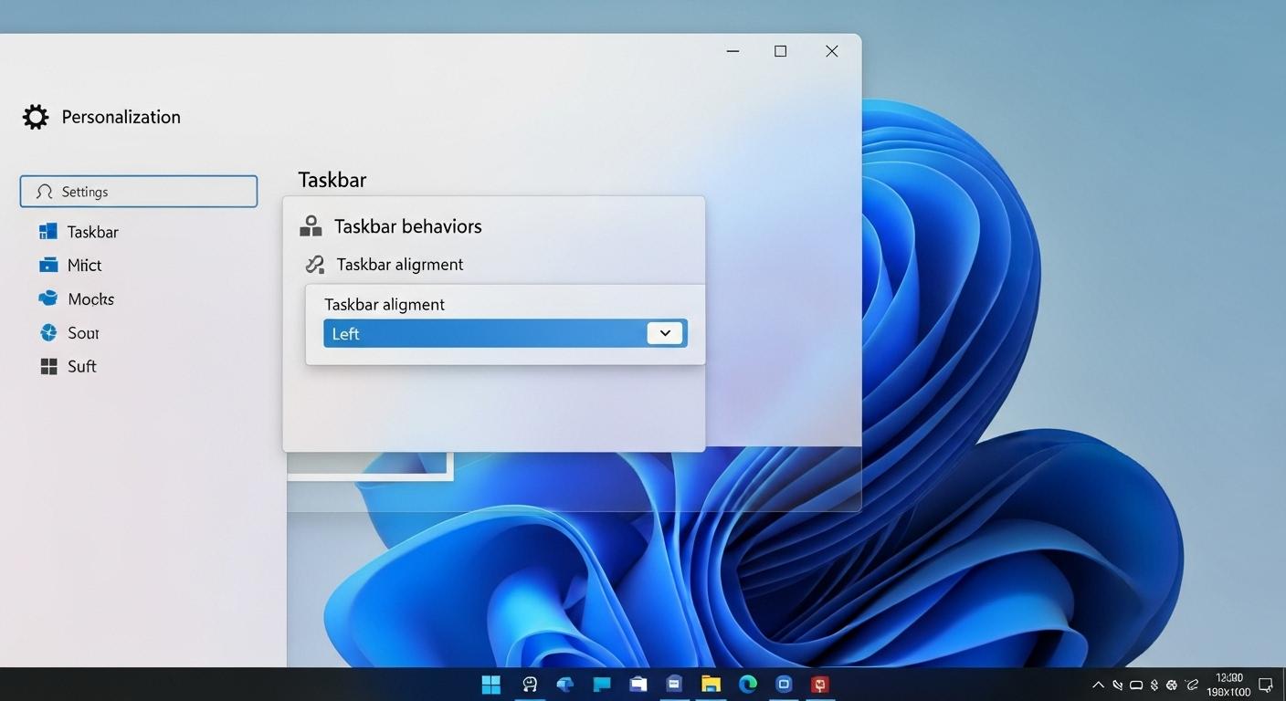 Windows 11のタスクバーの設定画面で配置を左揃えに変更している様子。