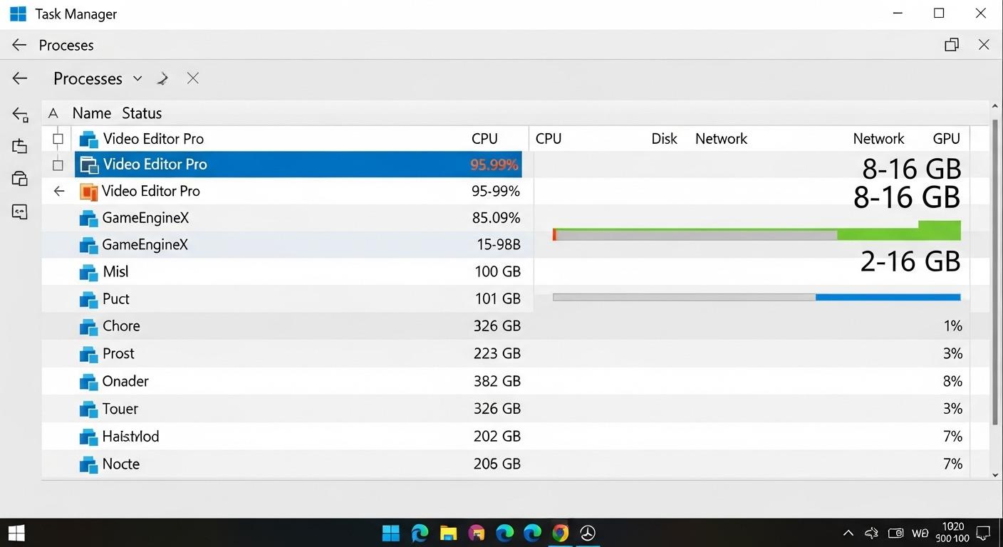 Windows 11のタスクマネージャー画面で、特定のアプリがCPUとメモリを高く使用している様子。