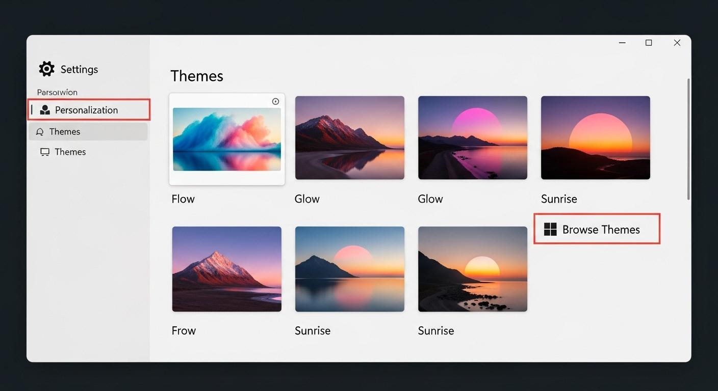 Windows 11の設定画面でテーマの一覧とMicrosoft Storeへのリンクが表示されている様子。