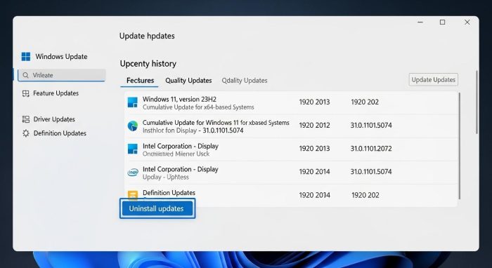 Windows 11の設定画面で更新の履歴を表示し、更新プログラムをアンインストールするオプション。