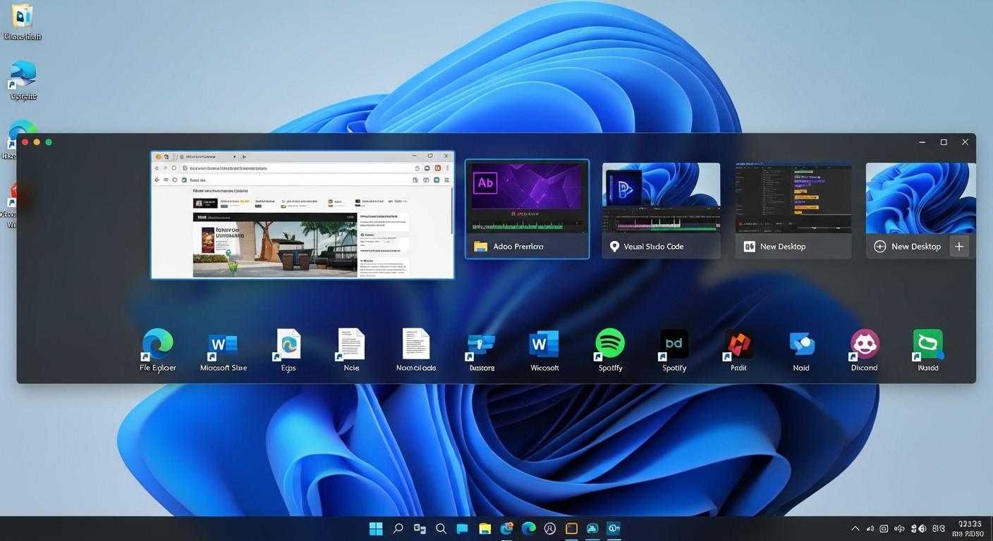 Windows 11のタスクビュー画面で複数の仮想デスクトップが表示されている様子。