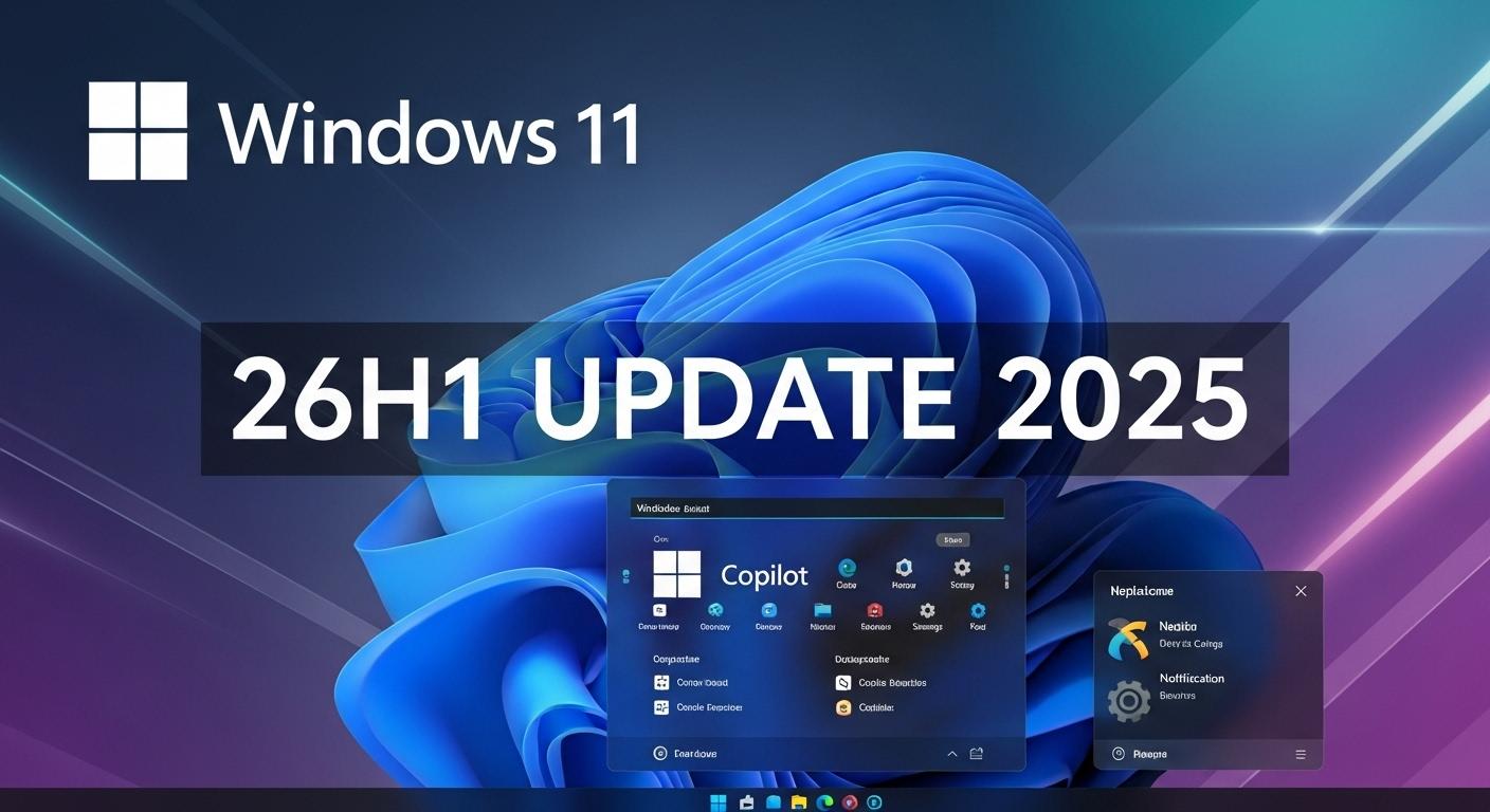 Windows 11 バージョン26H1の最新アップデートを示すデジタルデザイン