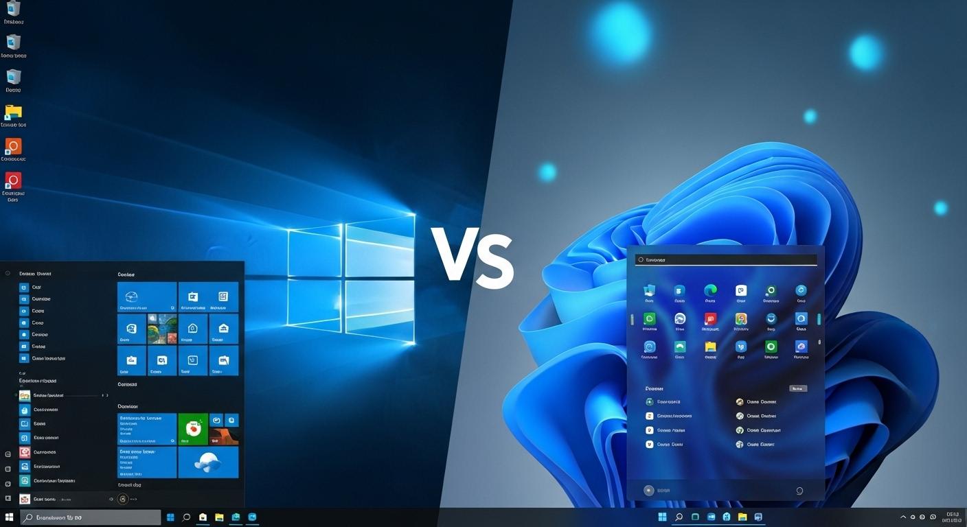 Windows 11とWindows 10のデスクトップ画面を比較する対比画像