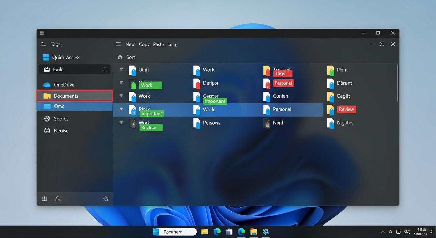 Windows 11のエクスプローラーでファイルに色付きのタグが設定されている画面。