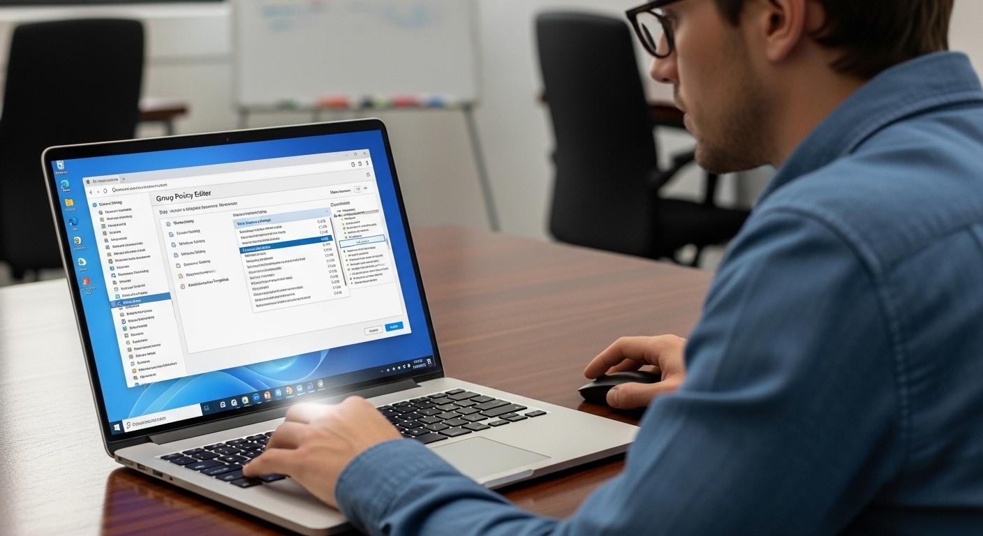 Windows 11でグループポリシー エディターを操作するIT管理者の画面。