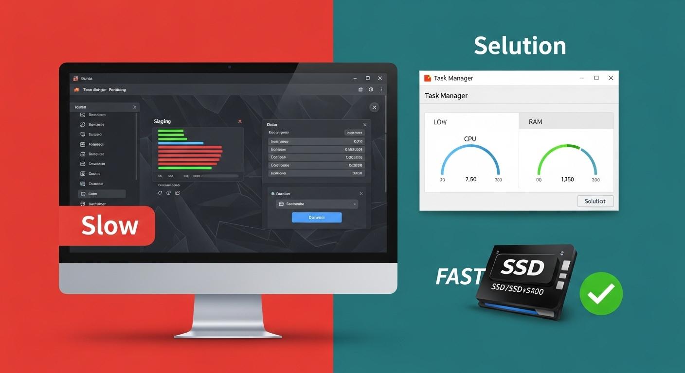 Windows 11 25H2アップデート後の遅延と解決を示すグラフィック