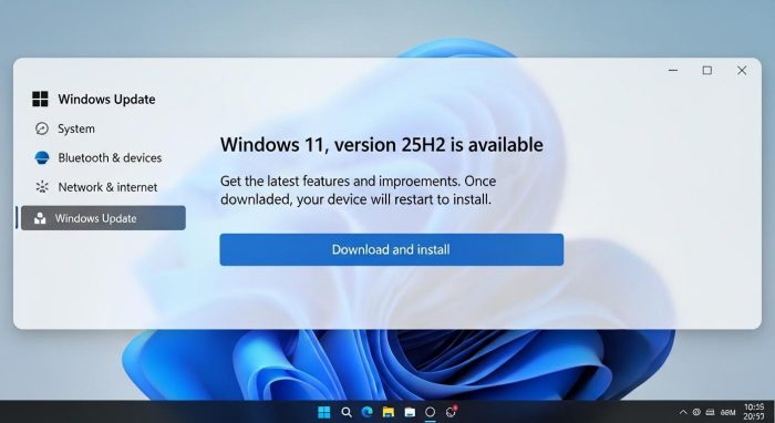 Windows 11の設定画面のWindows Updateで、25H2の更新が表示されている様子。