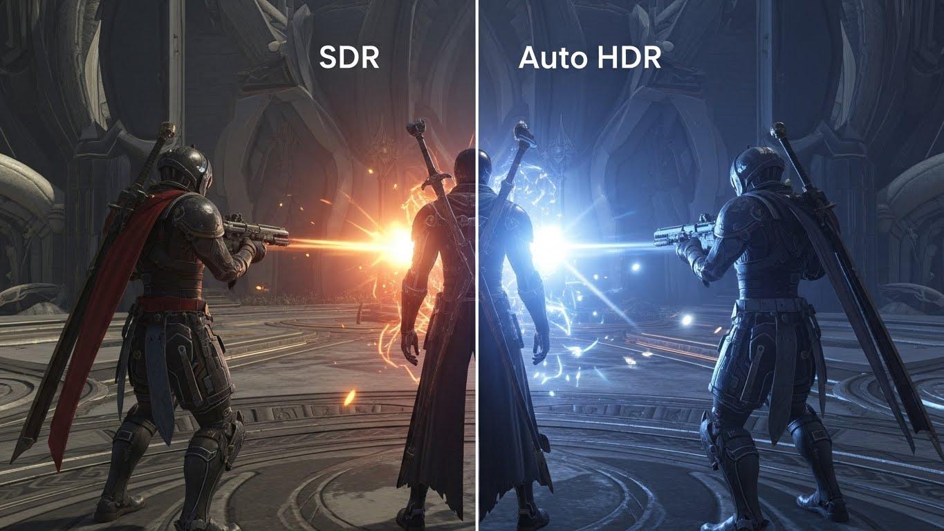 Windows 11の自動HDR機能のデモ画像。HDRオンとオフの比較で色彩とコントラストの違いが示されている。