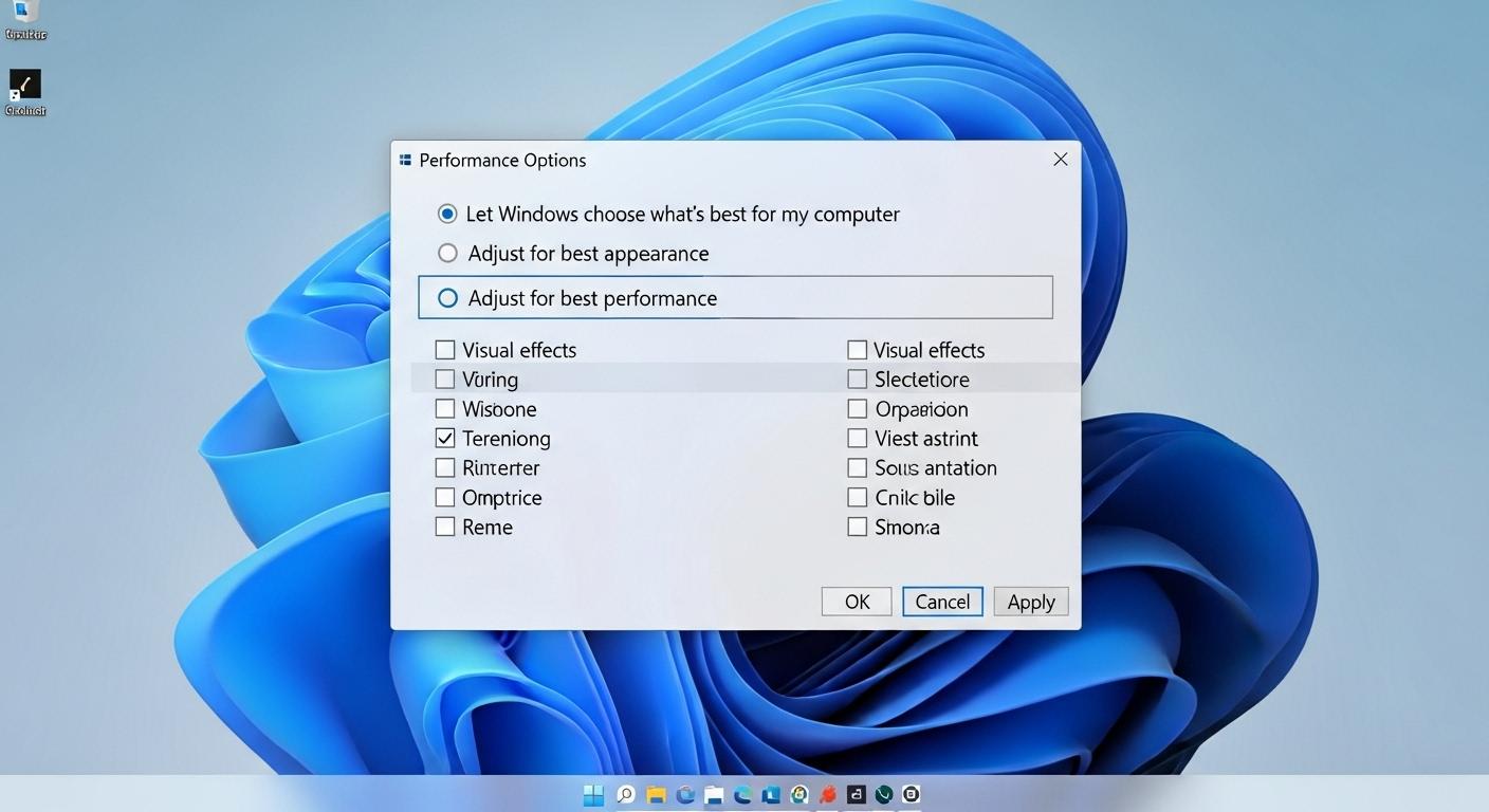 Windows 11のパフォーマンスオプション画面で最適なパフォーマンスに設定している様子。