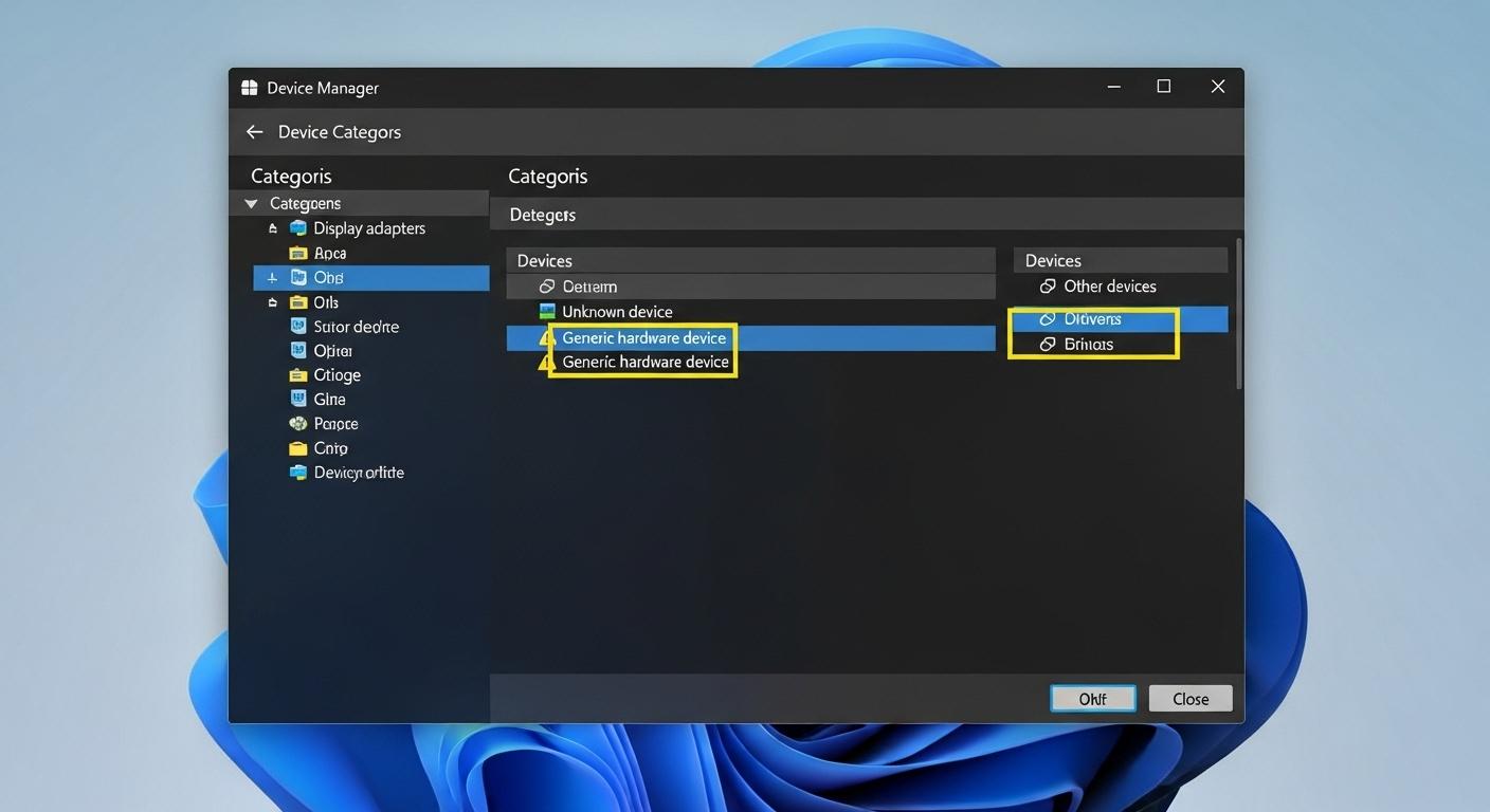 Windows 11のデバイスマネージャーで黄色い三角マークのエラーが表示されている様子。