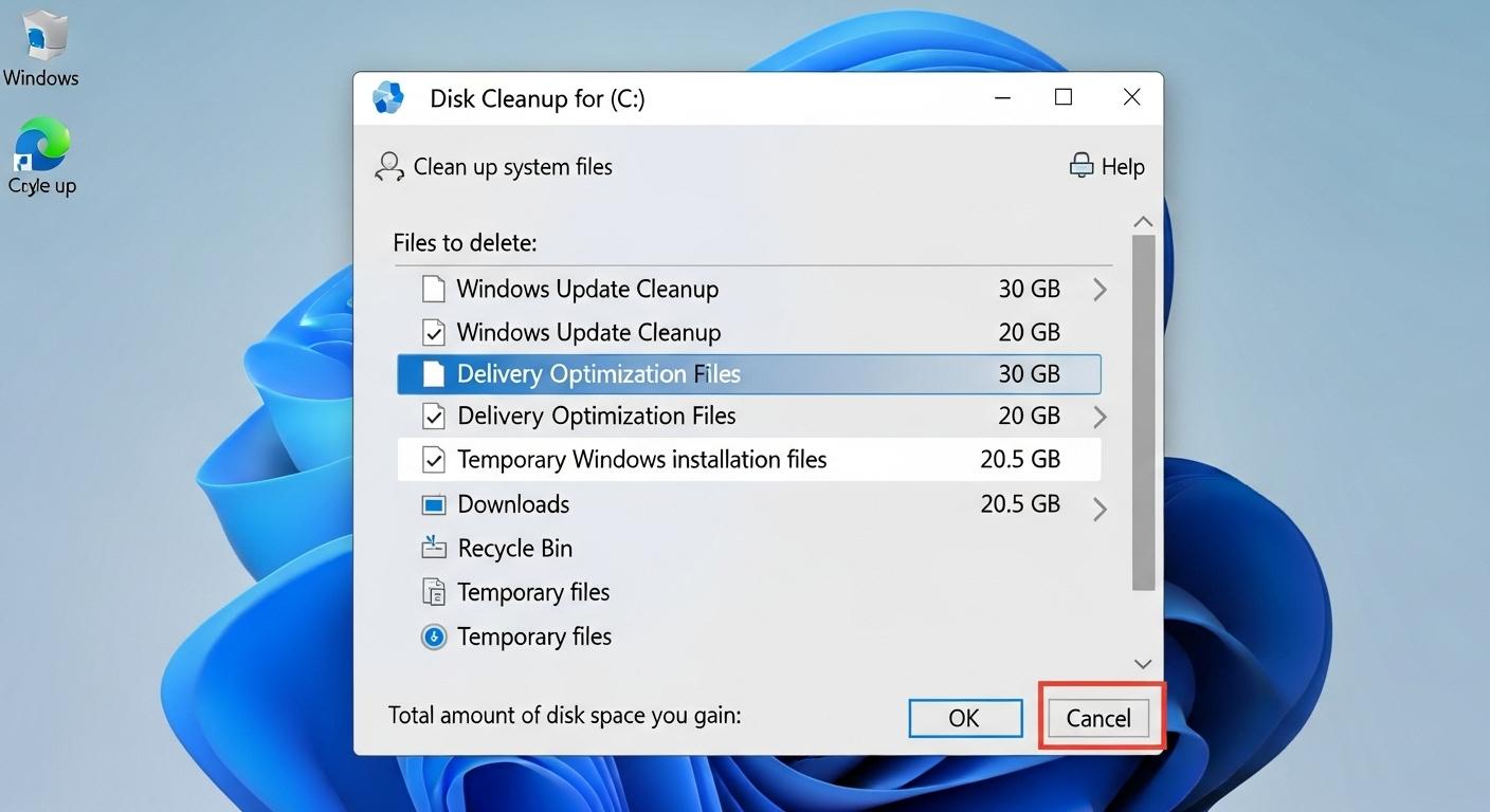 Windows 11のディスククリーンアップでシステムファイル削除オプションを選択している画面。
