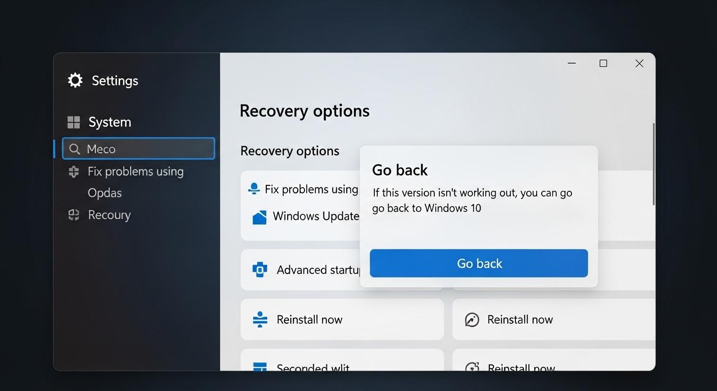Windows 11の「設定」の「回復」画面でWindows 10に戻るオプションがハイライトされている。