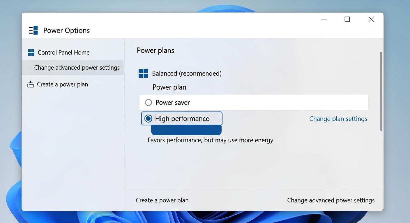 Windowsの電力オプションで高パフォーマンスプランを選択している画面。