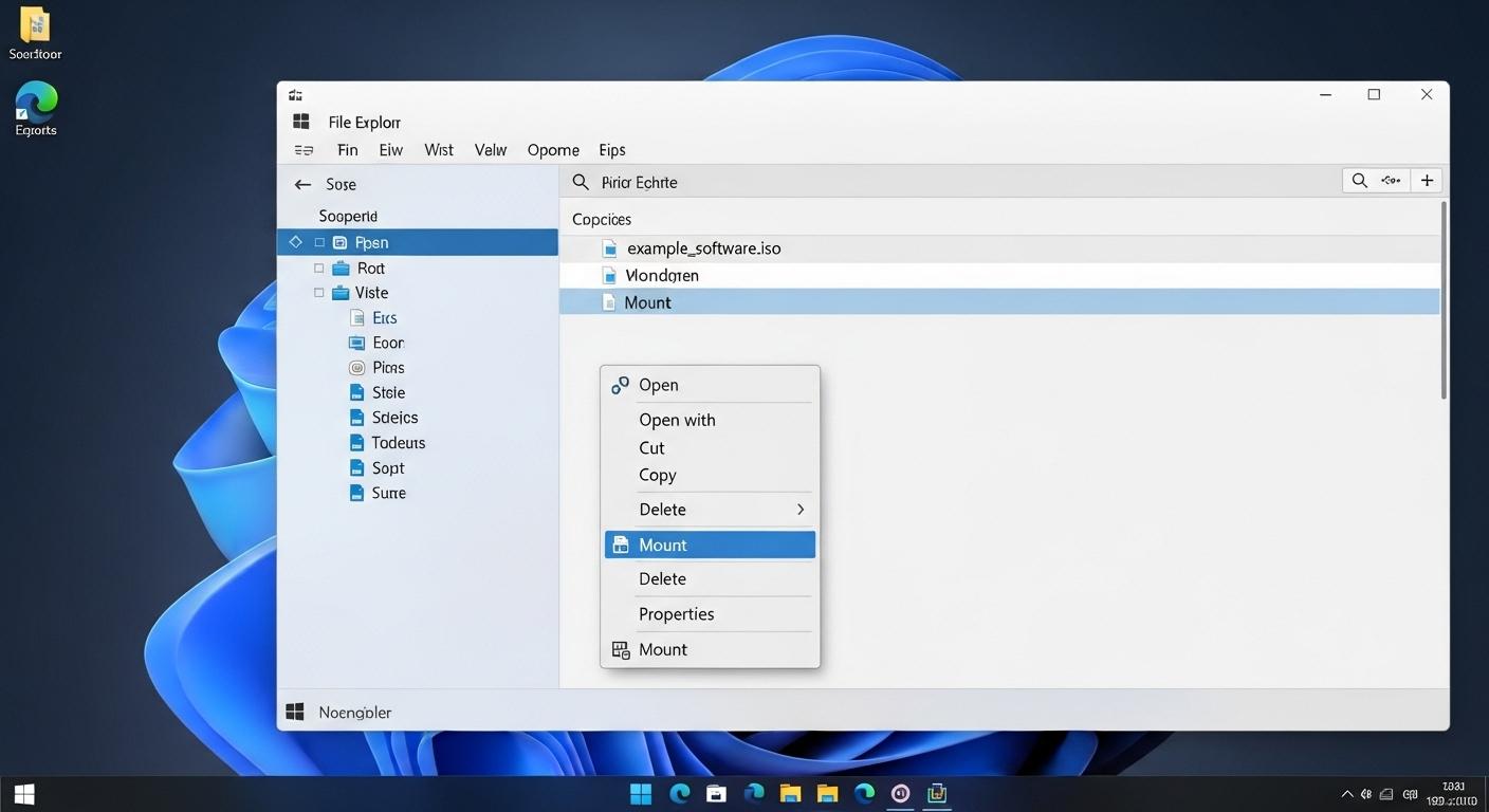 Windows 11のエクスプローラーでISOファイルを右クリックし、マウントを選択する様子。