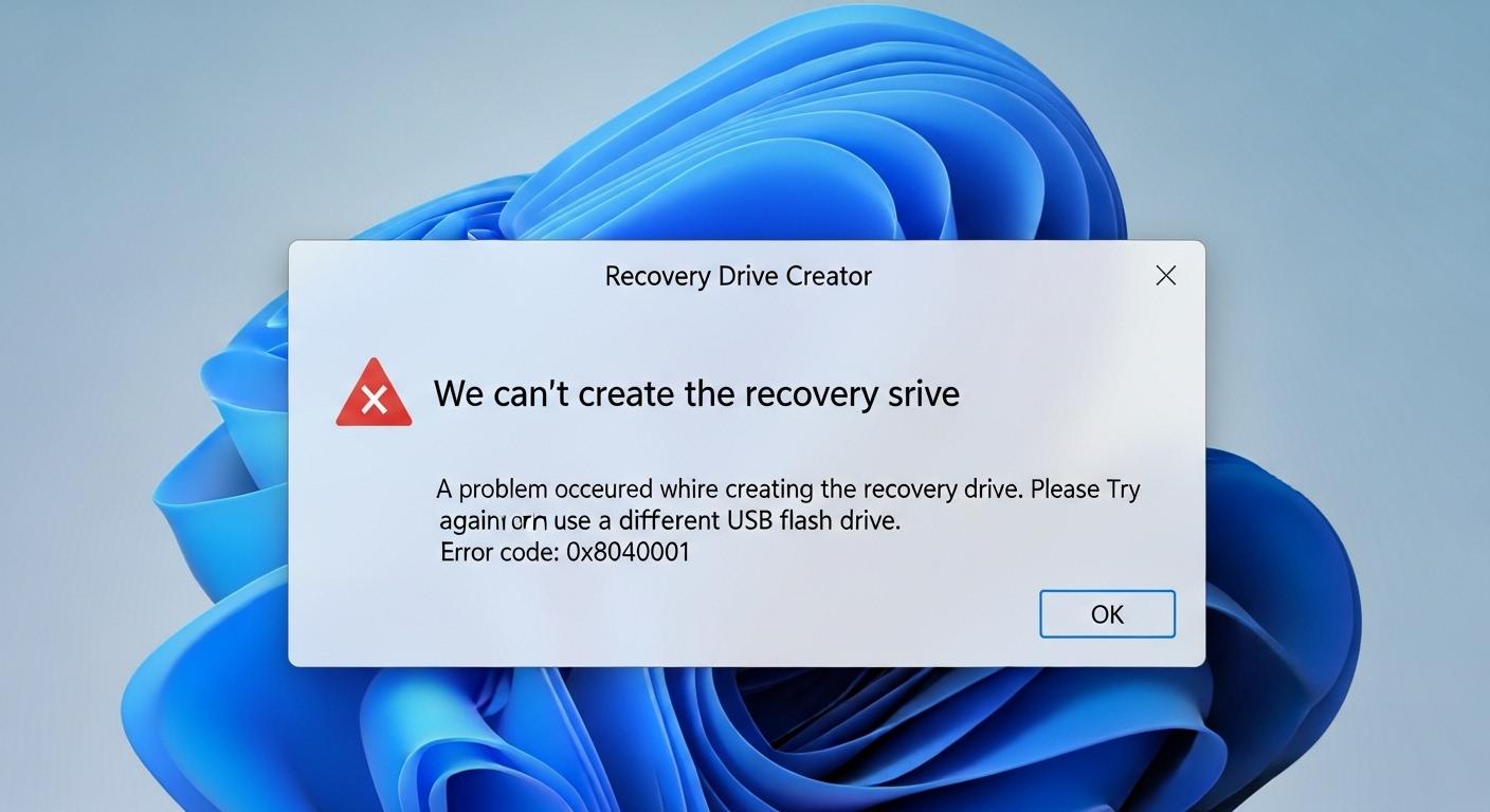 Windows 11回復ドライブ作成失敗のエラーメッセージ。