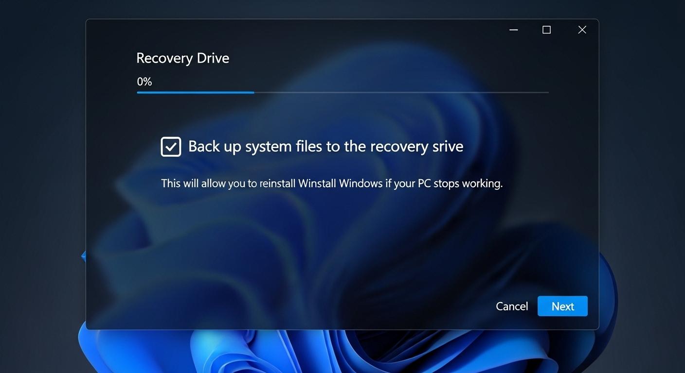 回復ドライブ作成ツールのシステムファイルバックアップの選択画面。