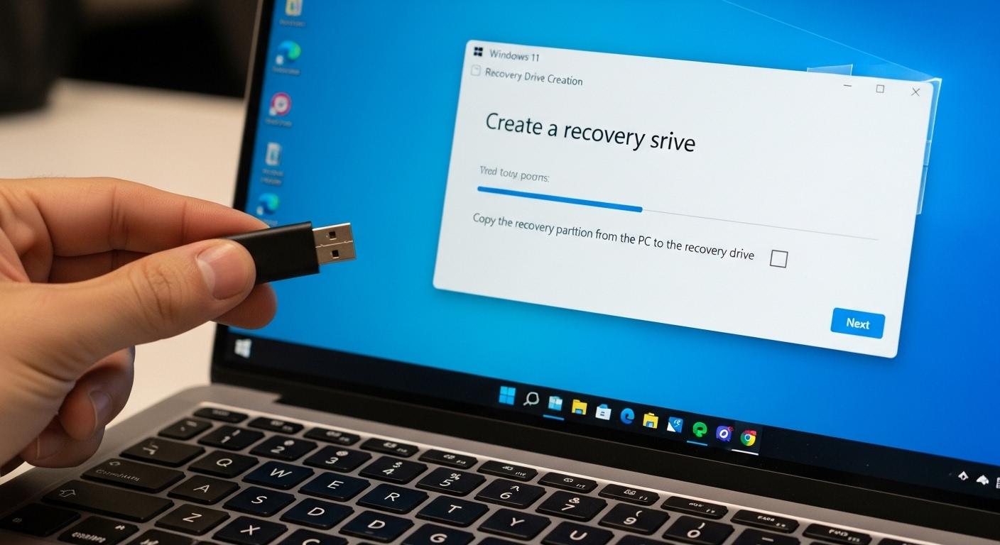 Windows 11回復ドライブ作成画面とUSBメモリ