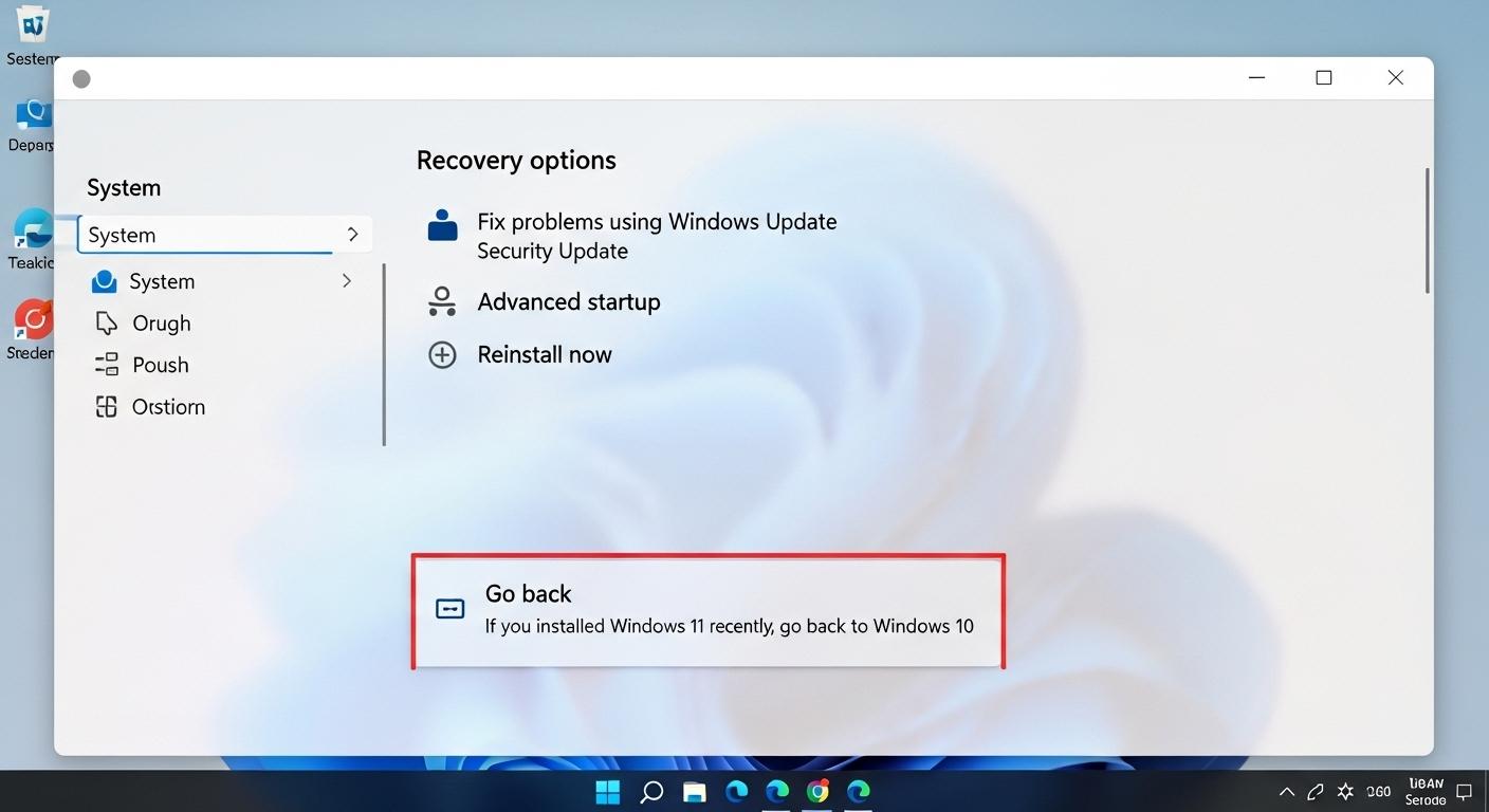 Windows 11の設定画面で以前のバージョンに戻す「ロールバック」オプション。
