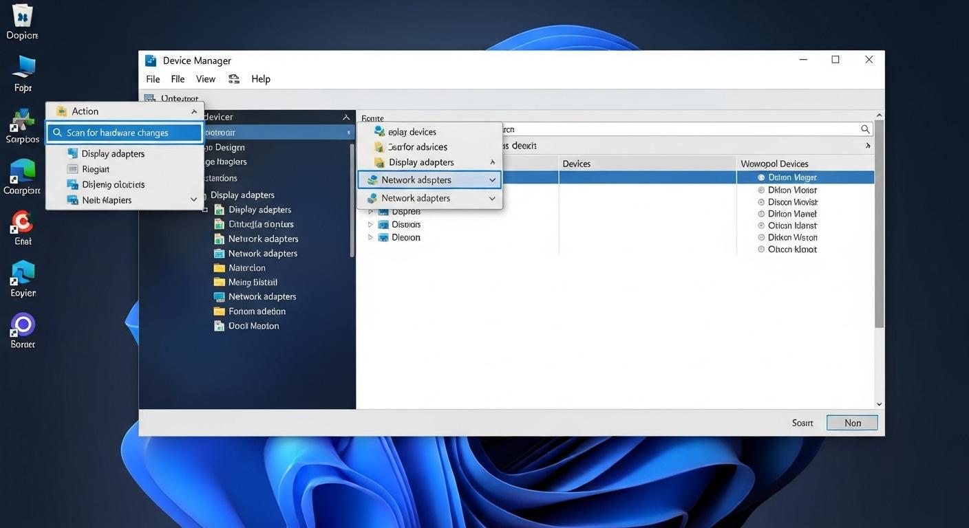 Windows 11のデバイスマネージャーでハードウェア変更のスキャンを実行している様子。