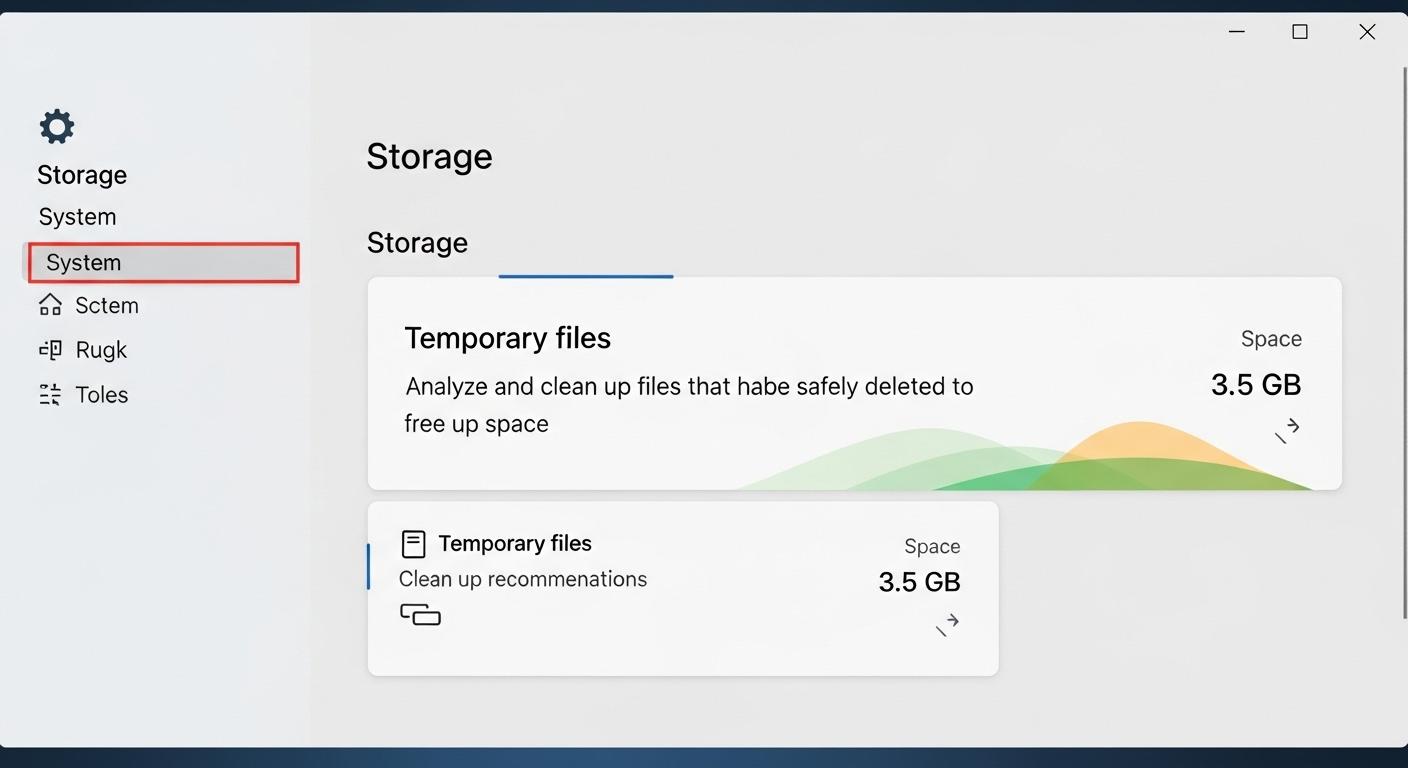 Windows 11の設定画面でストレージの空き容量を確認し、一時ファイルをクリーンアップする画面。