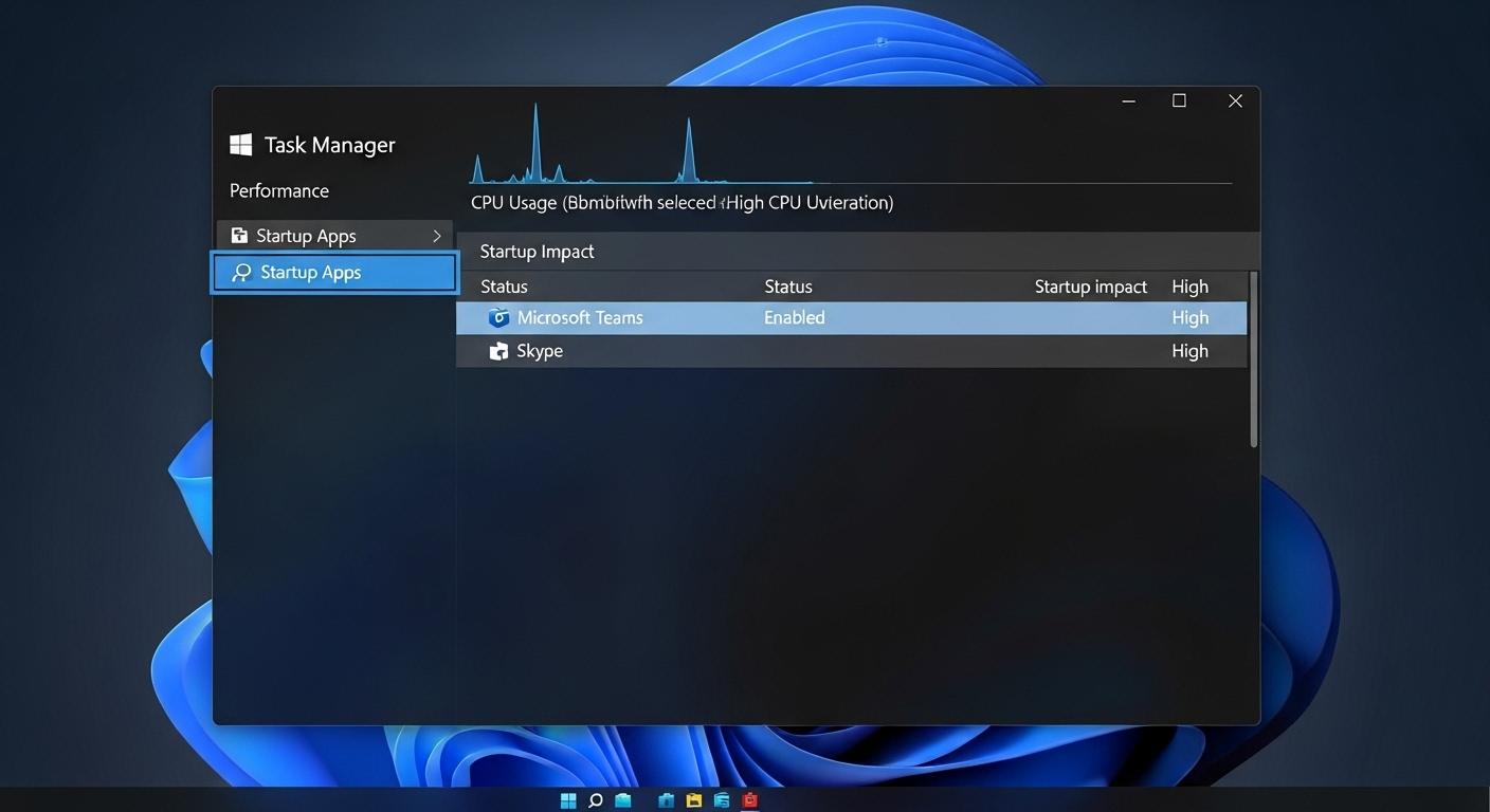 Windows 11のタスクマネージャー画面で、スタートアップアプリを管理するタブ。