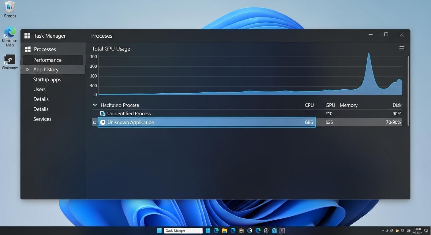 タスクマネージャーでゲーム以外のプロセスが高いGPU使用率を示している画面。