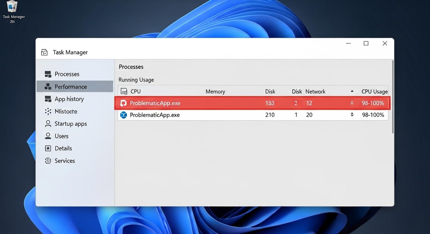 Windows 11のタスクマネージャーでCPU使用率の高いプロセスを特定している画面。
