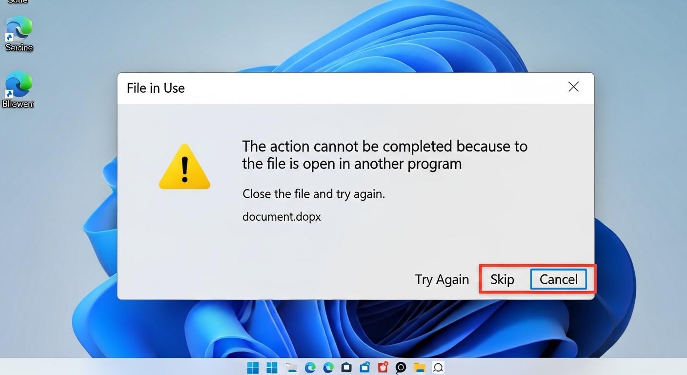 Windows 11で一時ファイル削除時に使用中のファイルをスキップしている画面。