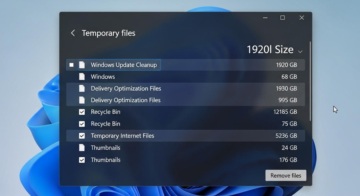 Windows 11の一時ファイル削除画面で削除対象ファイルを選択している様子。
