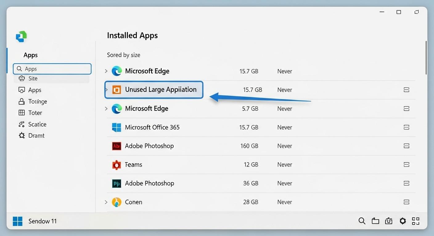 Windows 11のインストール済みアプリ一覧画面で不要な大容量アプリを削除している様子。