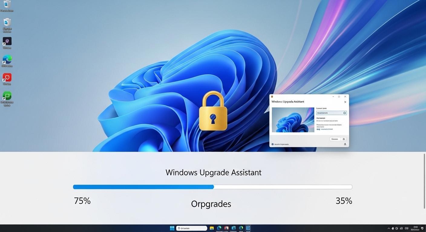 Windows 11のデスクトップ画面と進行状況バー、安全を示す鍵のアイコン。