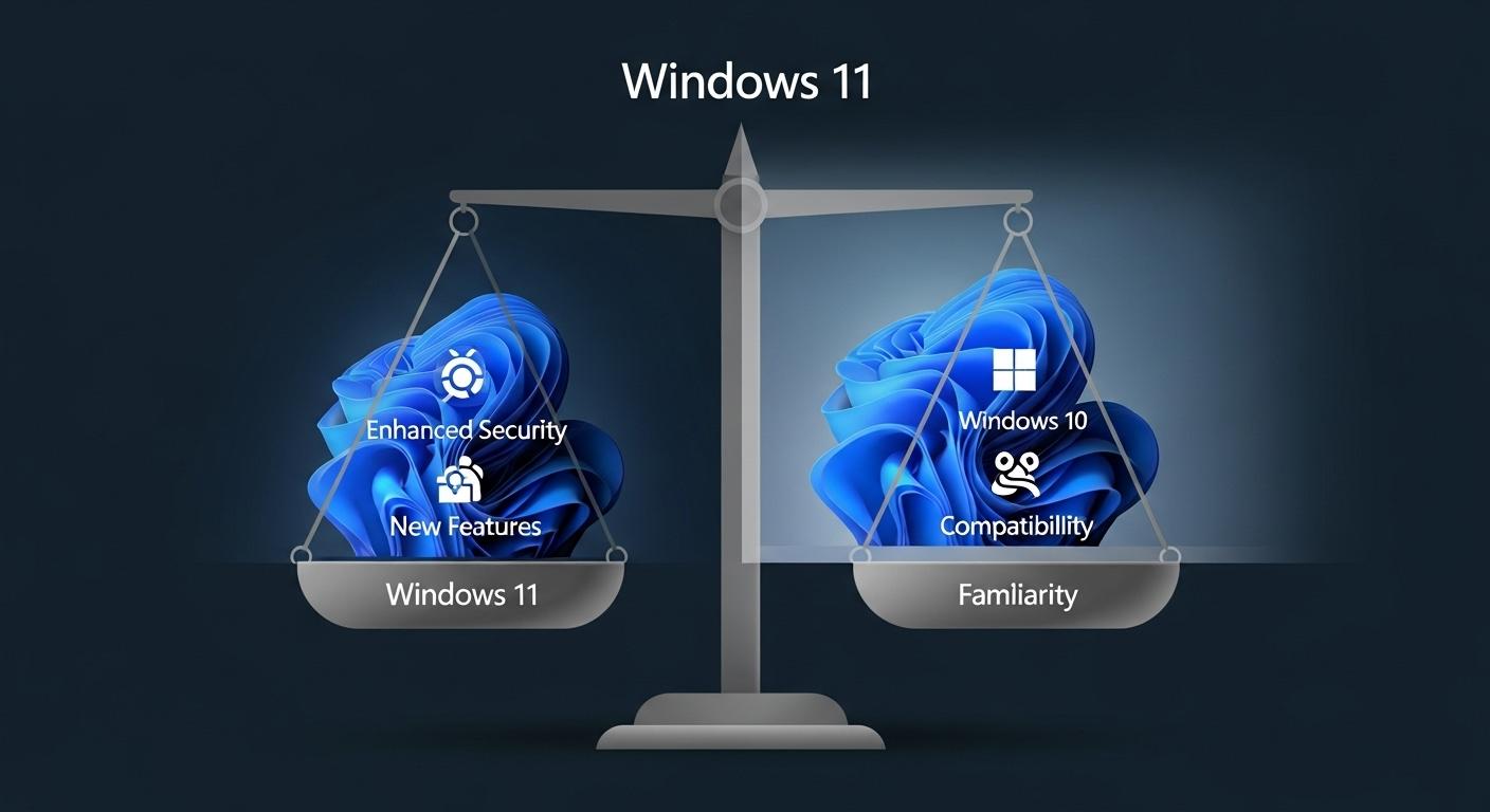 Windows 11と10のメリット・デメリットを比較した天秤の図。