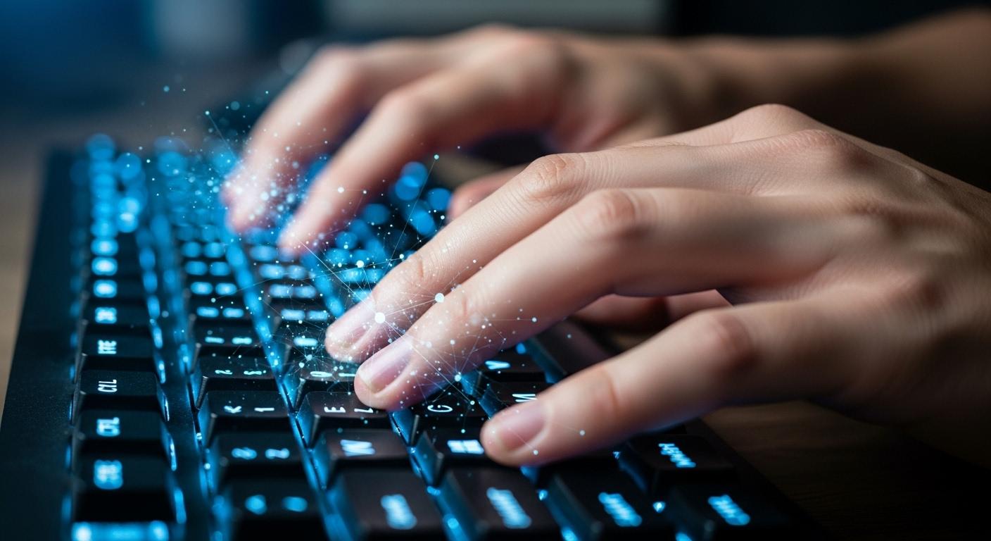 キーボードを素早く操作し仕事の効率を上げている様子。