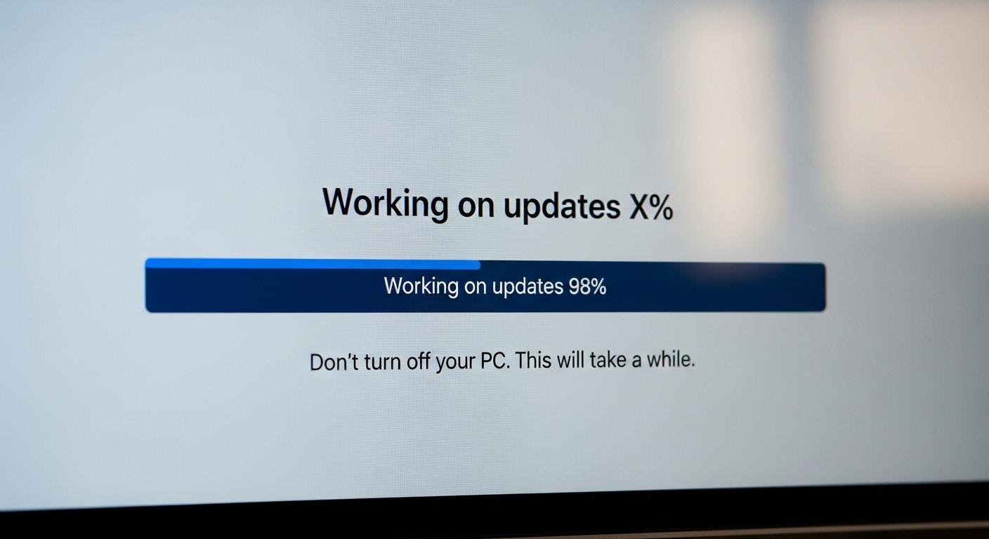 Windows 11アップグレードの再起動中に「更新プログラムを構成しています」と表示されている画面。