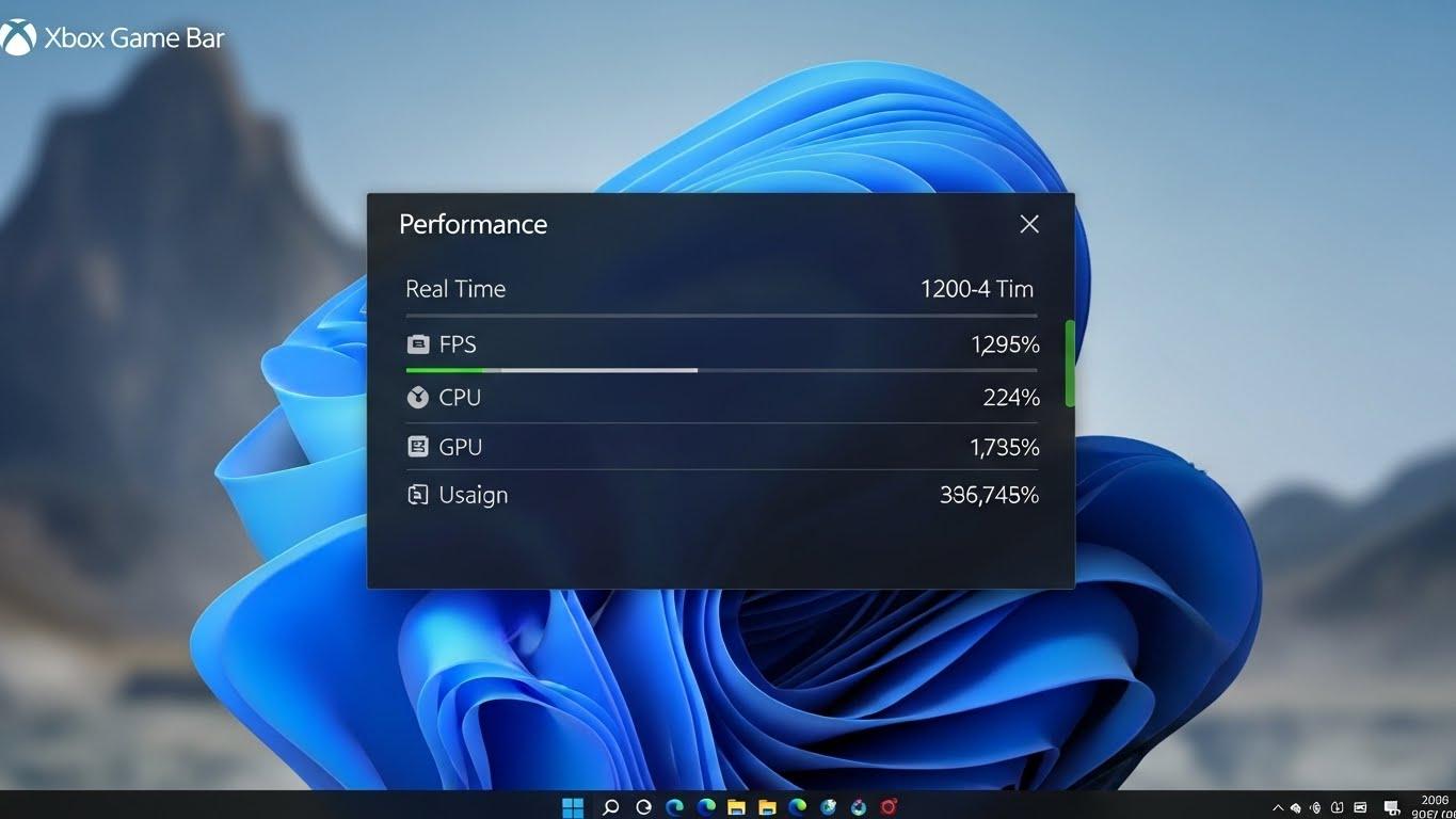 Xbox Game Barがゲーム画面にオーバーレイ表示され、FPSやCPU・GPUの使用率を示すパフォーマンスウィジェット。