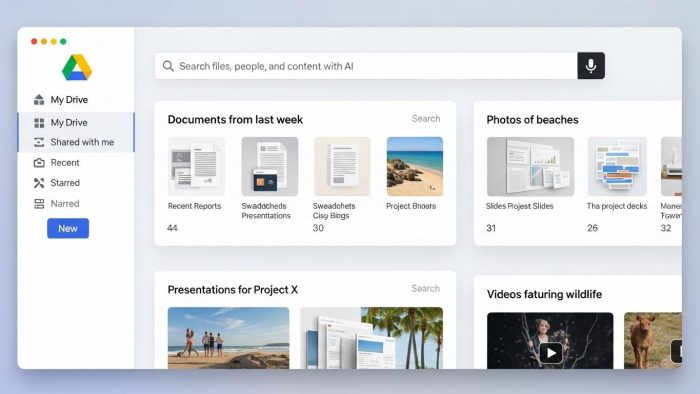 クラウドストレージのWebインターフェースで、AIを活用した高度な検索バーと、カテゴリ別に分類されたファイル検索結果。