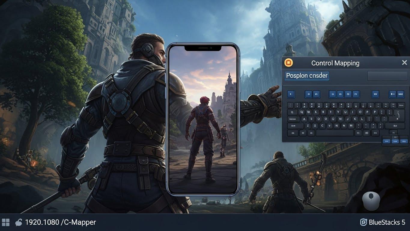 BlueStacksエミュレーターで人気のモバイルゲームが動作している画面。キーボード操作の設定が一部見える。