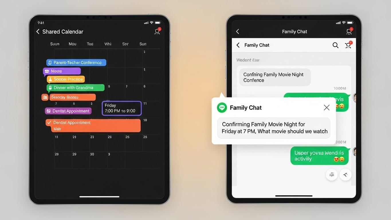 AIによる自動振り分けとLINE通知機能の連携イメージ。カレンダーアプリとチャットアプリが連動している画面。