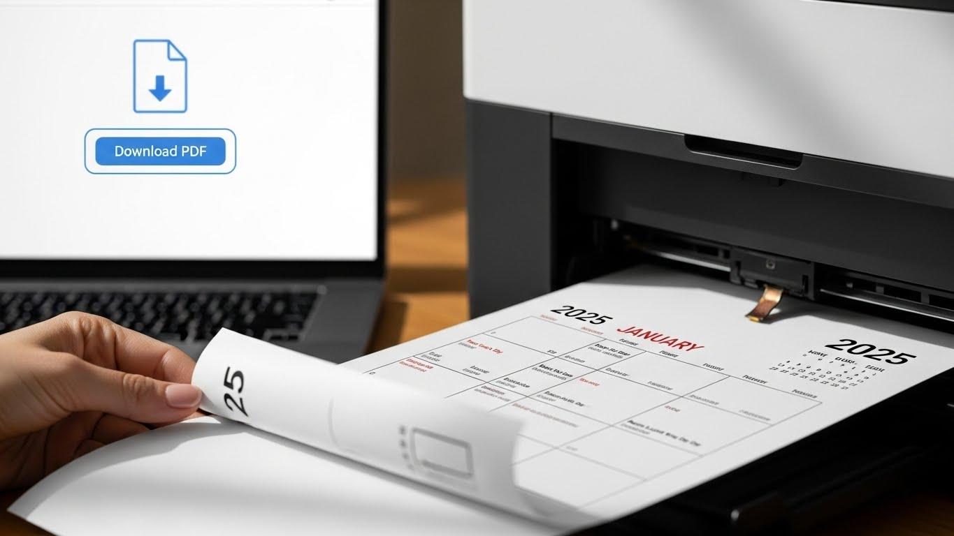 パソコンの画面でPDFダウンロードボタンがハイライトされ、プリンターから印刷された2025年カレンダーPDF用紙を手に持つ様子。