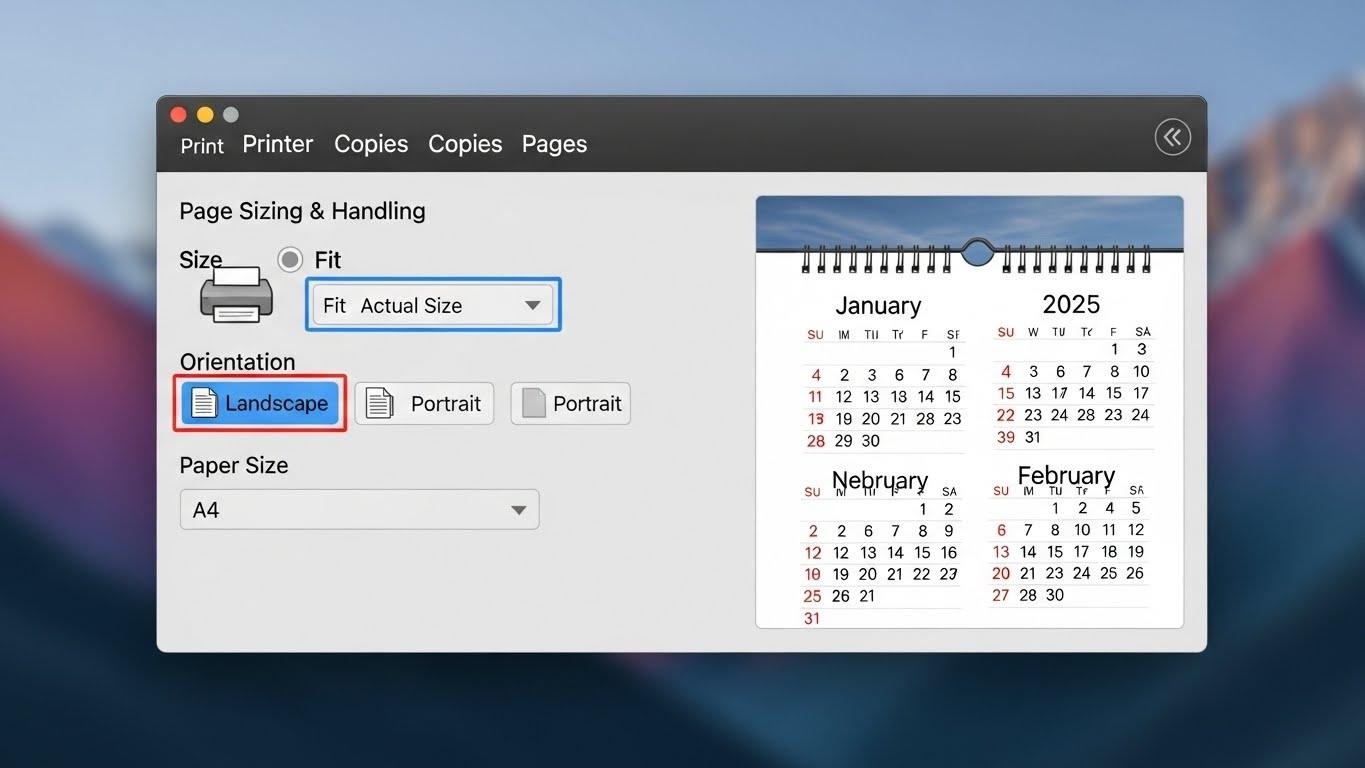 パソコンの画面でPDFダウンロードボタンがハイライトされ、プリンターから印刷された2025年カレンダーPDF用紙を手に持つ様子。