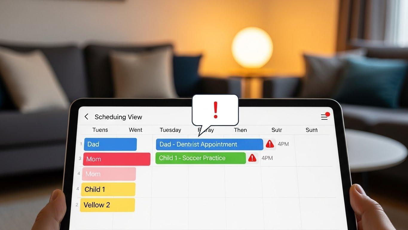 家族4人分の色分けされた予定が並ぶ共有カレンダーアプリの画面。予定の重複ダブルブッキングを示す警告アイコンが表示されている。