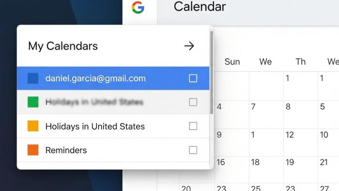カレンダー一覧が表示されたサイドバー