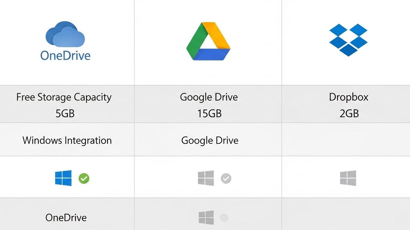OneDrive、Google Drive、Dropboxのロゴと、無料容量やWindows連携の強みなど主要な特徴を比較した表のグラフィック。