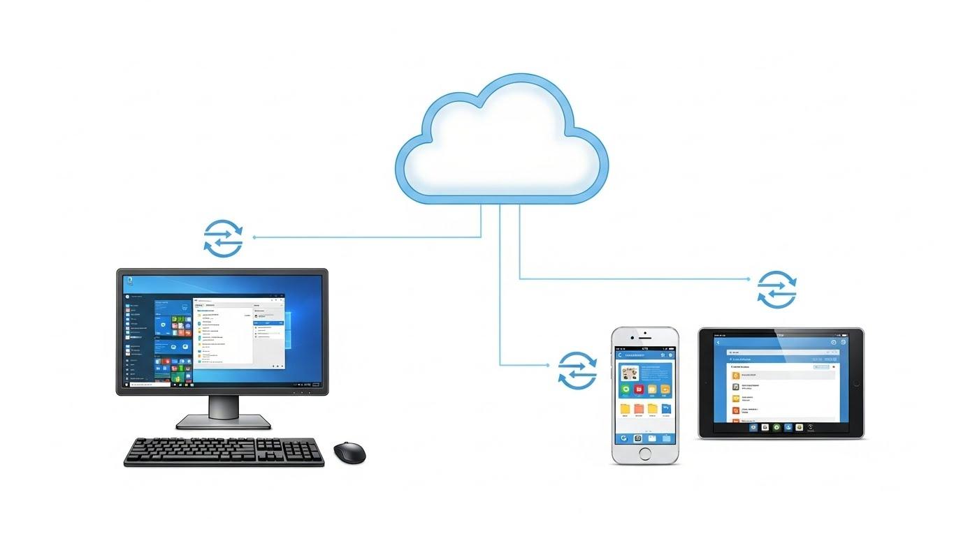 Windows PC、スマートフォン、タブレットが中央のクラウドアイコンと接続し、データが同期されていることを示す概念図。