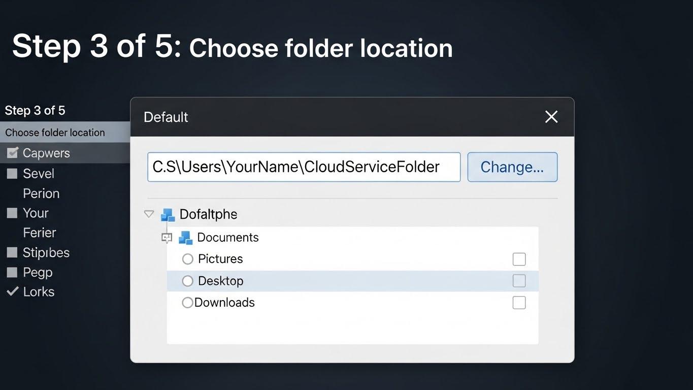 クラウドストレージのセットアップウィザード画面で、PC内のローカルフォルダの場所を選択しているステップ。
