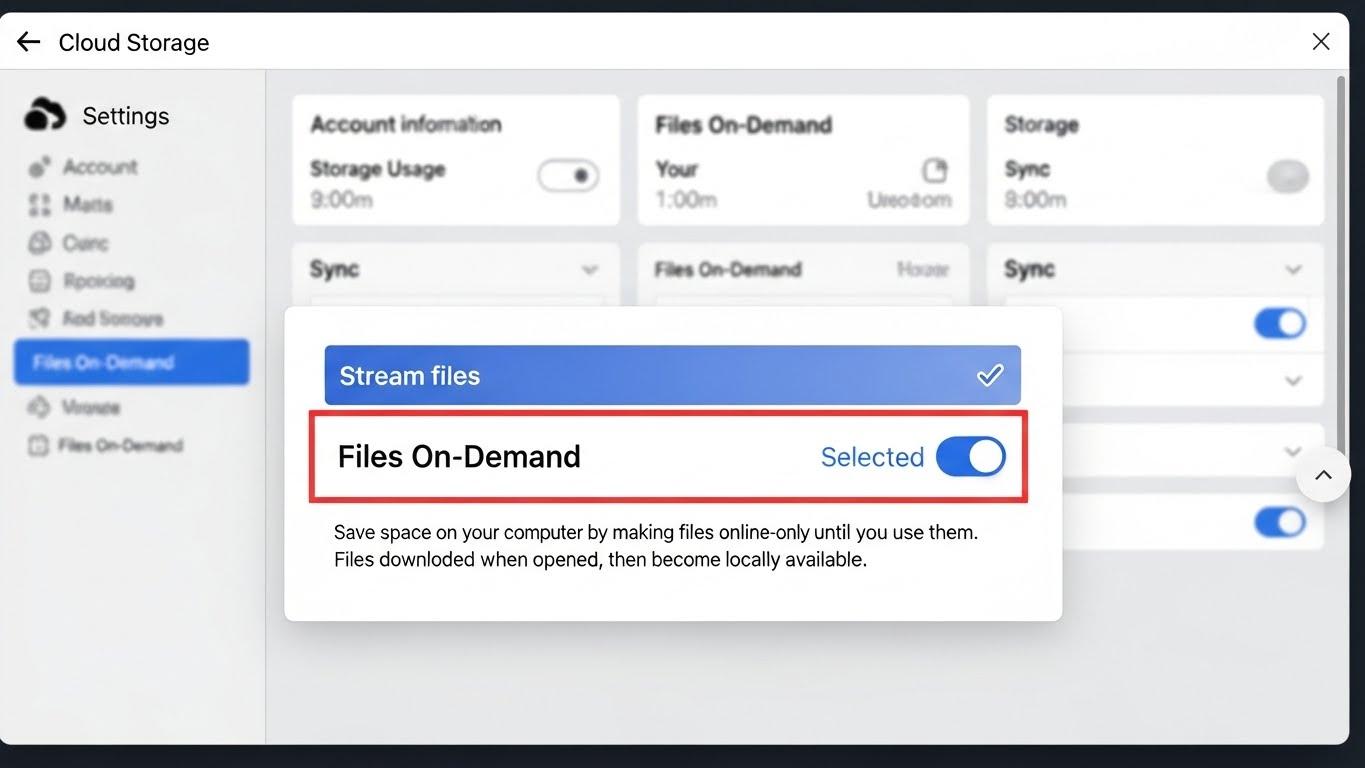 OneDriveまたはGoogle Driveの設定パネルで、「ファイルオンデマンド」または「ファイルのストリーミング」のオプションが有効になっている画面。