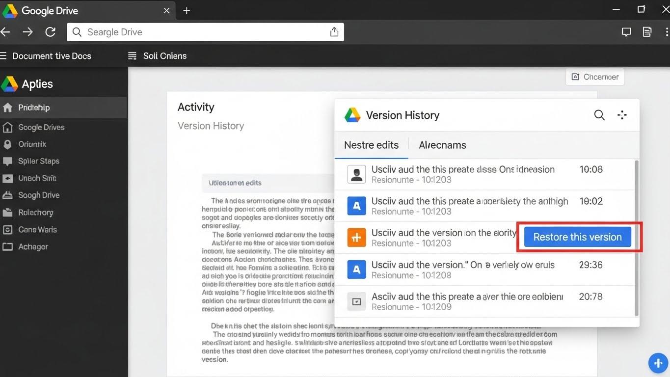 Google DriveのWebインターフェースで、文書の「アクティビティ」または「バージョン履歴」パネルが表示され、過去の編集履歴と復元オプションが一覧表示されている。